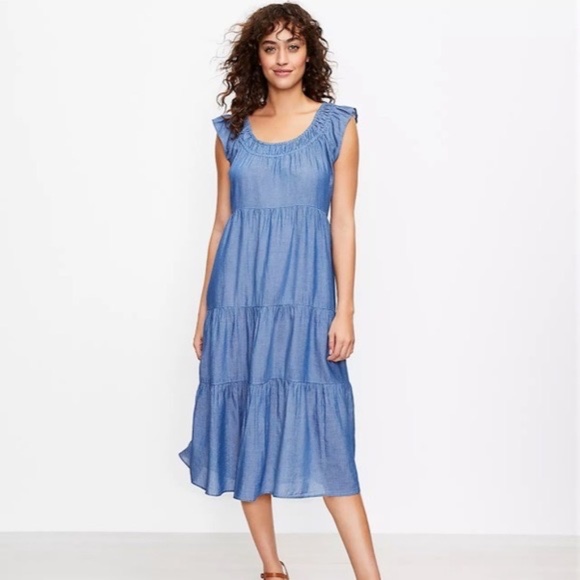 LOFT Dresses & Skirts - LOFT Tiered Midi Sleeveless Chambray Dress Blue XXSP